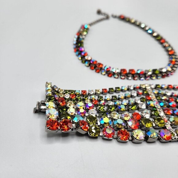 Rainbow Rhinestone Bracelet & Choker Aurora Borealis Silver Tone Brilliant Set - Picture 2 of 13